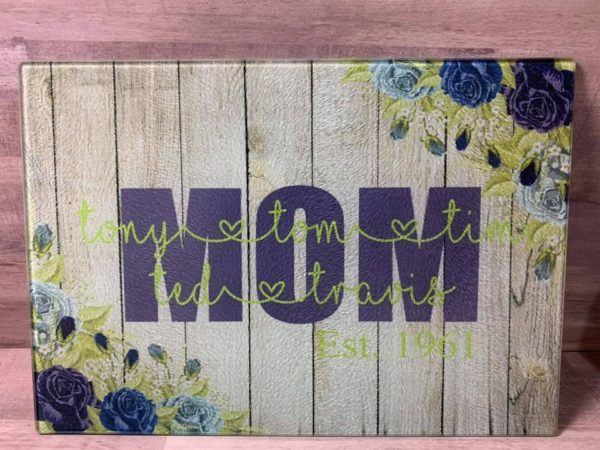 Mom Blue Rose Glass Cutting Board